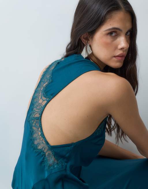 ASOS DESIGN panelled maxi dress with lace applique in teal, 3 of 5