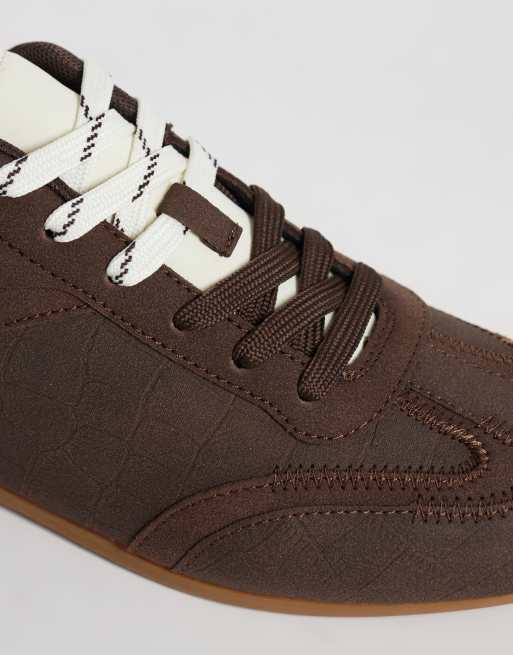 ASOS DESIGN panelled retro trainers in brown embossed croc, 5 of 5