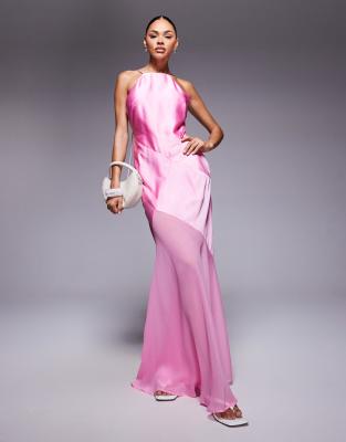 ASOS DESIGN panelled satin maxi dress with chiffon skirt in pink - view 1
