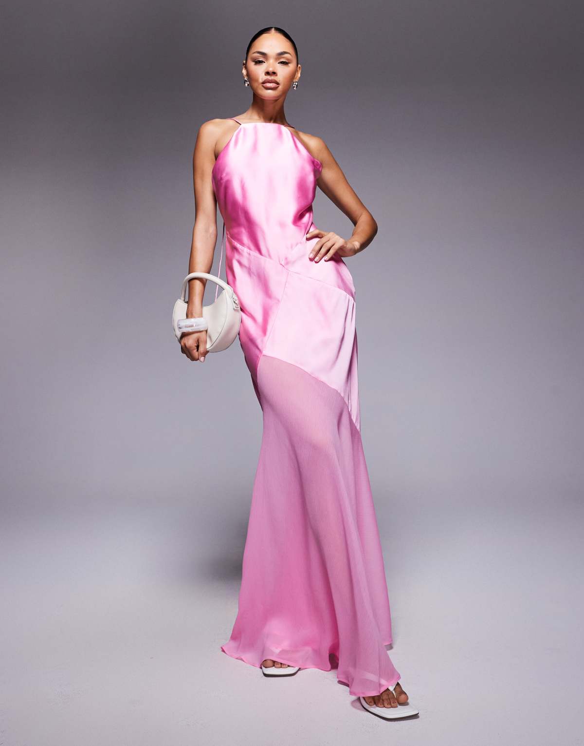 ASOS DESIGN panelled satin maxi dress with chiffon skirt in pink