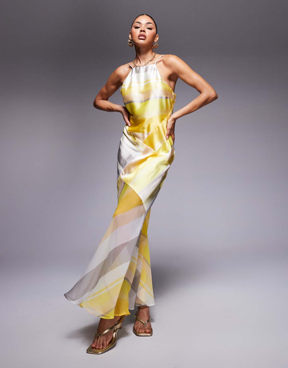 ASOS DESIGN panelled satin maxi dress with chiffon skirt in yellow stripe print