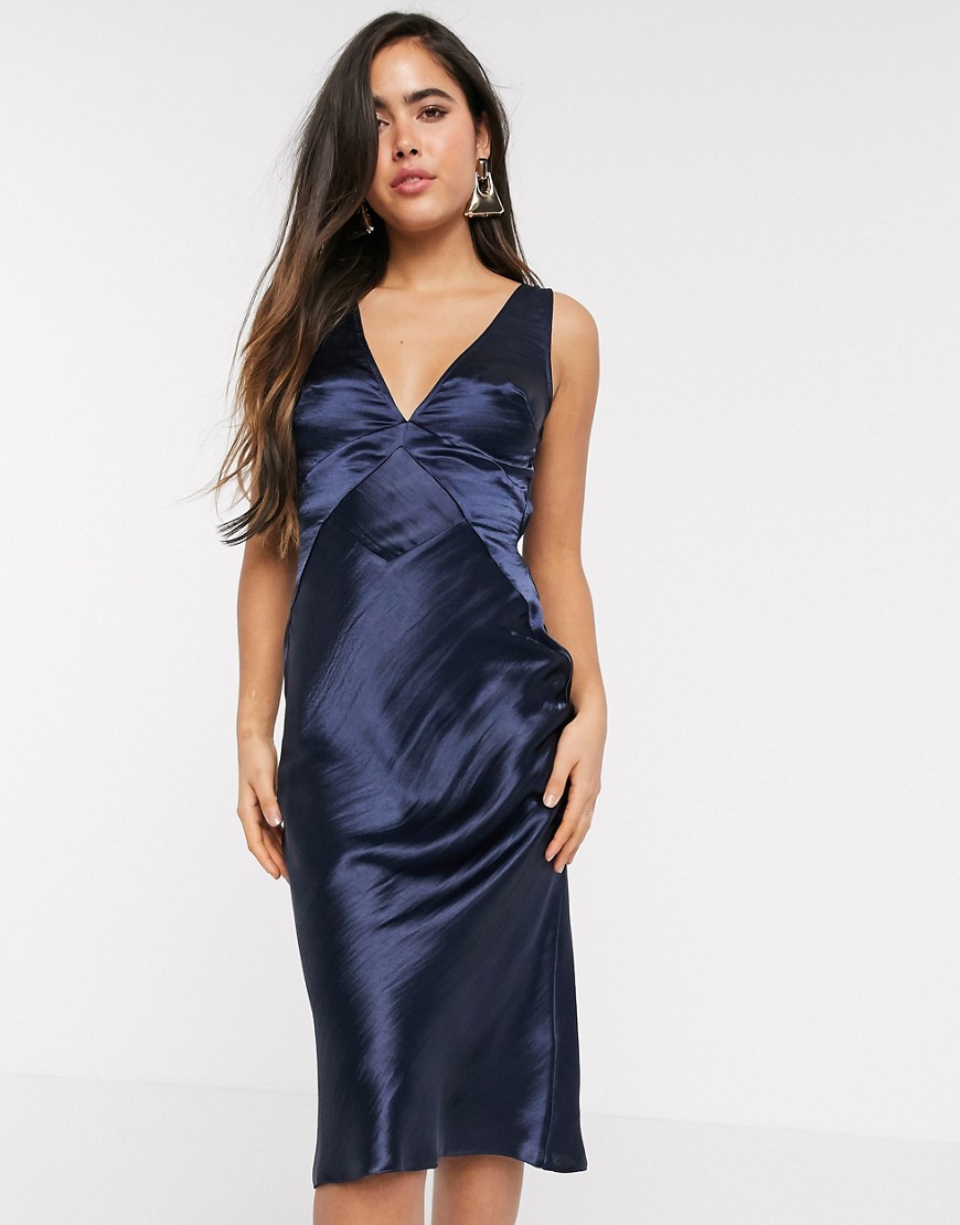 ASOS DESIGN panelled satin midi dress with cowl back in navy