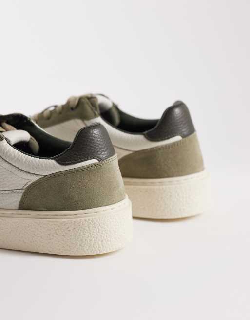 ASOS DESIGN panelled trainers in khaki suede and stone leather, 2 of 5