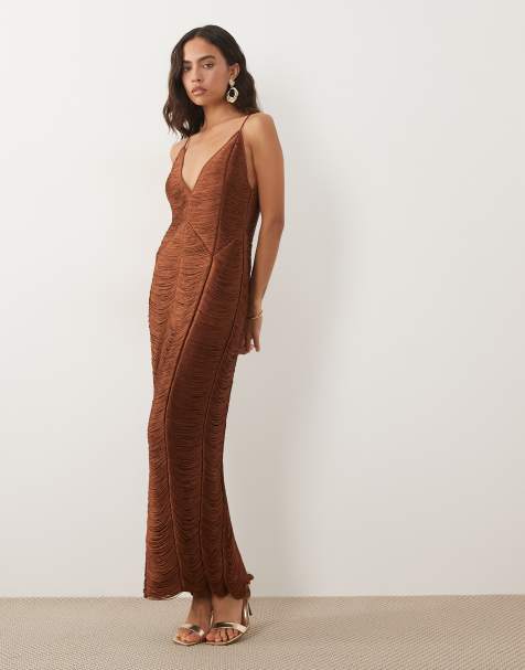 ASOS DESIGN panelled v neck cami fringe midi dress in brown