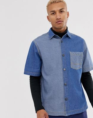 ASOS DESIGN – Panelsydd, randig jeansskjorta i 90-talsstil med avslappnad passform-Blå