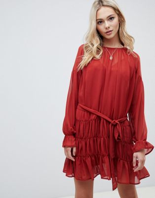 ASOS DESIGN – Panelsydd smock-klänning i minimodell-Röd