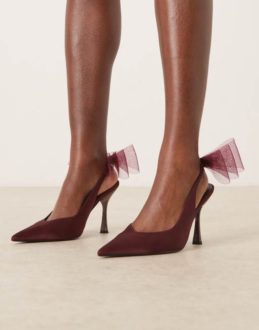 ASOS DESIGN Pansy mesh bow detailing high heeled shoes in burgundy, 4 of 4