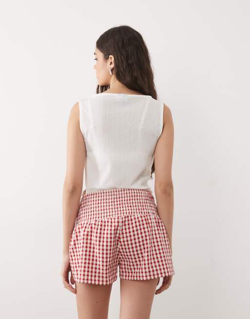 ASOS DESIGN - Pantalon à enfiler avec taille froncée et carreaux vichy - Rouge, 5 de 5