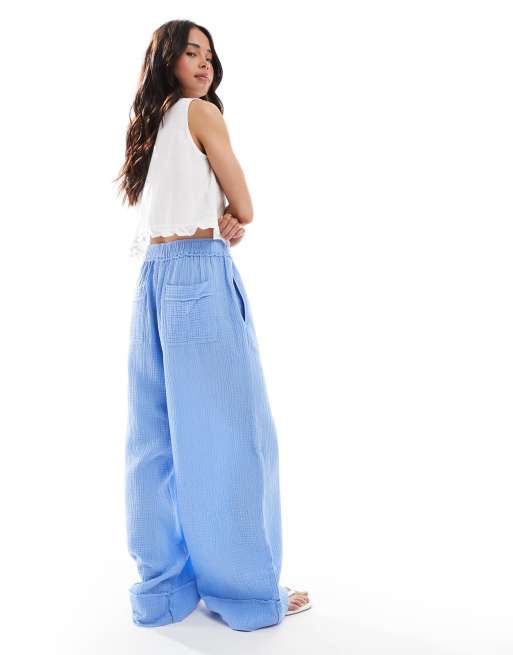 ASOS DESIGN - Pantalon à enfiler en gaze de coton avec bords effilochés - Bleu, 3 de 4