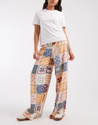 Pantalon à enfiler en lin mélangé à imprimé mosaïque-Multicolore XS