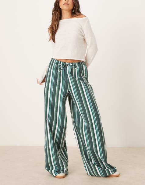 ASOS DESIGN - Pantalon à enfiler en lin mélangé à rayures - Vert - view 1