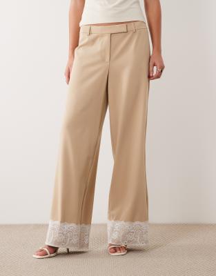 Pantalon ajusté à taille basse avec ourlets en dentelle - Moka-Neutre 42