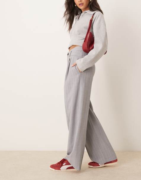 ASOS DESIGN - Pantalon ajusté à taille tombante avec rabat et rayures - Gris - view 1