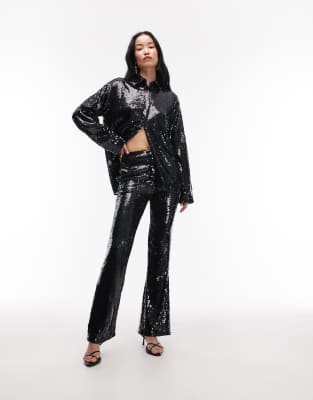 Pantalon ajusté coupe évasée orné de sequins de qualité supérieure - Bleu marine 32
