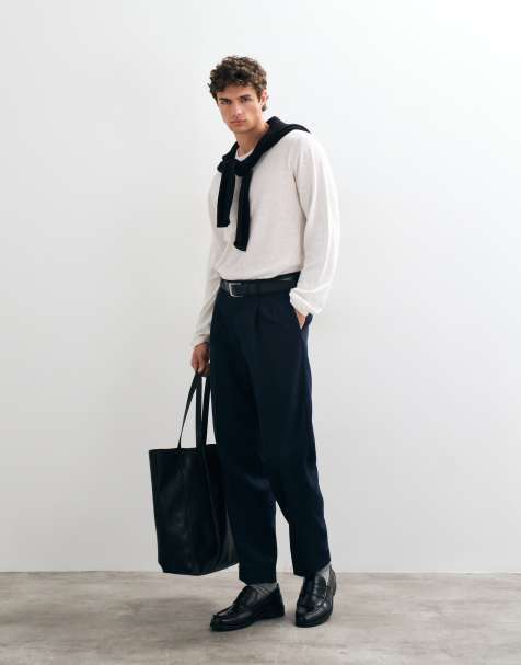 ASOS DESIGN pantalon ajusté plissé oversize fuselé en microtexture bleu marine - view 1