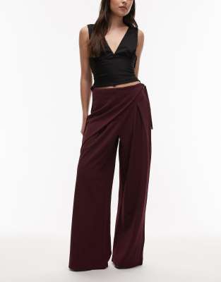 Pantalon ample ajusté coupe près du corps en sergé avec détail jupe portefeuille - Bordeaux-Rouge 38