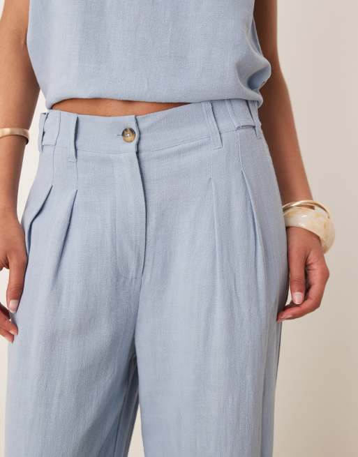 ASOS DESIGN - Pantalon ample d'ensemble aspect lin avec plis sur le devant - Bleu , 2 de 4