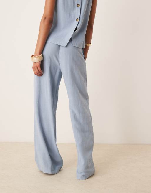 ASOS DESIGN - Pantalon ample d'ensemble aspect lin avec plis sur le devant - Bleu , 3 de 4
