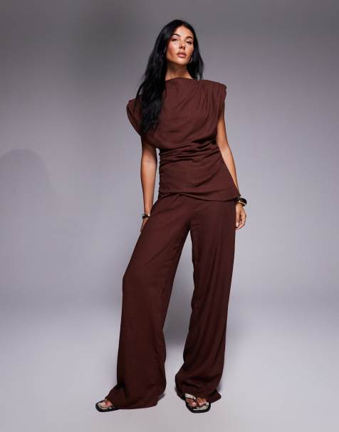 ASOS DESIGN - Pantalon ample d'ensemble en lin mélangé - Marron - view 1