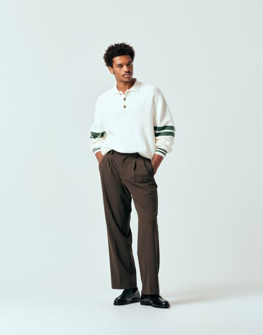 ASOS DESIGN - Pantalon ample élégant en laine mélangée à doubles pinces et bouton apparent - Marron, 3 de 5