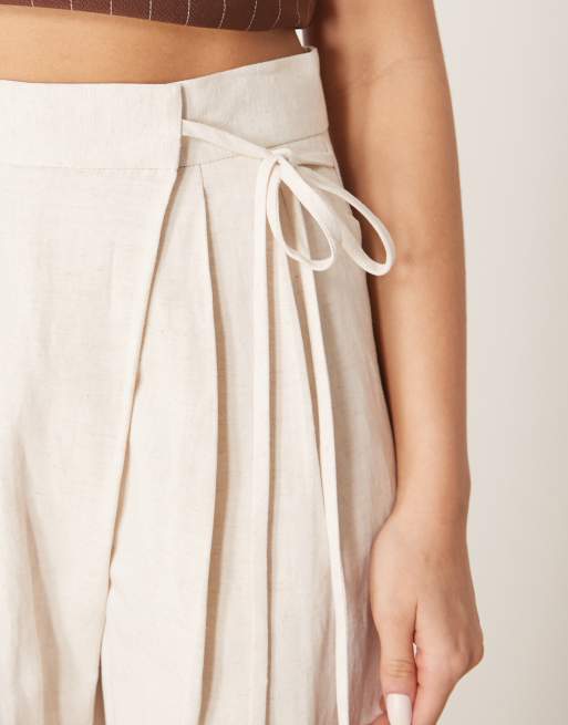 ASOS DESIGN linen look tie front wide leg pants in stone