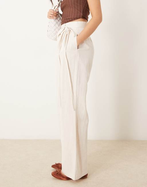 ASOS DESIGN linen look tie front wide leg pants in stone
