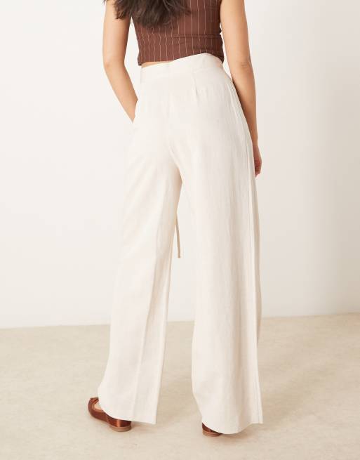 ASOS DESIGN linen look tie front wide leg pants in stone