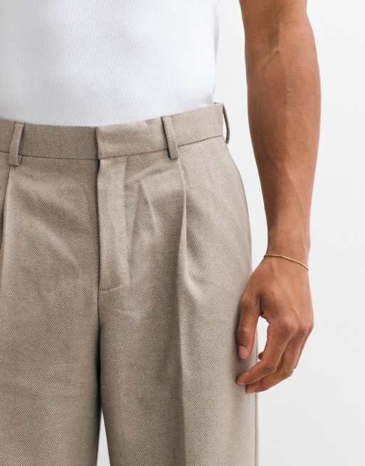 ASOS DESIGN - Pantalon ample habillé à pinces et chevrons en laine mélangée - Taupe, 4 de 5