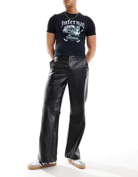ASOS DESIGN - Pantalon baggy en similicuir avec ourlet large et passepoils - Noir - view 1