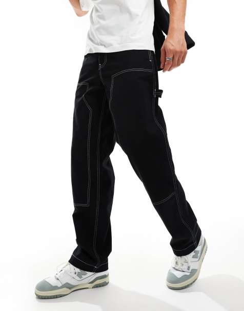 ASOS DESIGN - Pantalon baggy style charpentier à surpiqûres contrastantes - Noir - view 1