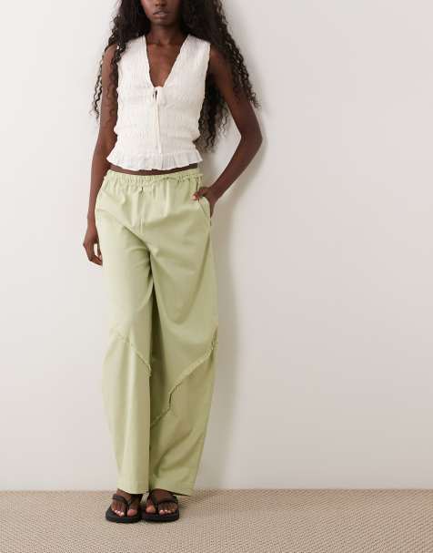 ASOS DESIGN pantalon barrel en mélange de lin à enfiler avec détail de couture brute en sauge - view 1