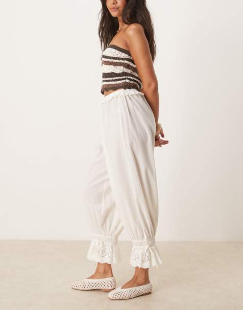 ASOS DESIGN - Pantalon bloomer en coton avec détails en dentelle - Ivoire - view 1