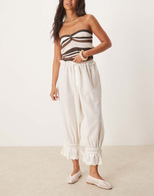 ASOS DESIGN - Pantalon bloomer en coton avec détails en dentelle - Ivoire, 3 de 5