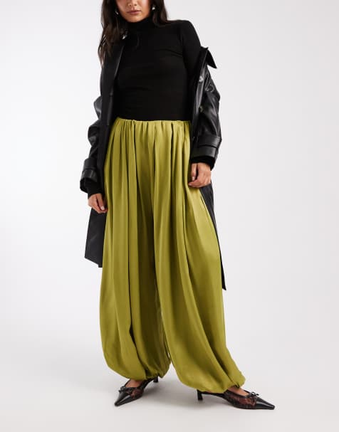 ASOS DESIGN - Pantalon bouffant plissé en satin - Olive - view 1