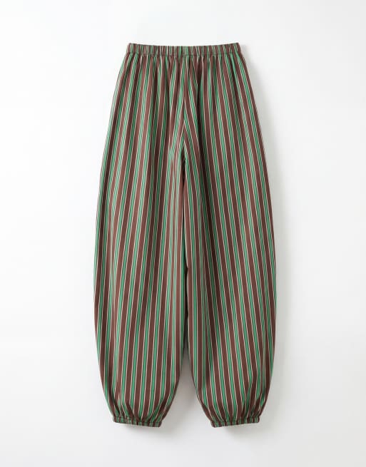 ASOS DESIGN - Pantalon bouffant rayé à enfiler en coton et nylon mélangés - Vert/chocolat, 7 de 7