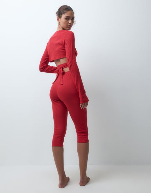 ASOS DESIGN pantalón capri de punto calado para estar por casa en rojo, 4 de 4