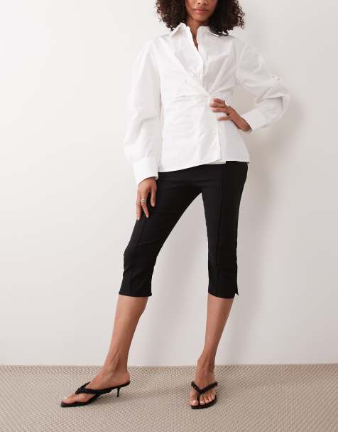 ASOS DESIGN pantalon capri en bengaline à fente sur le côté à rayure fine - view 1