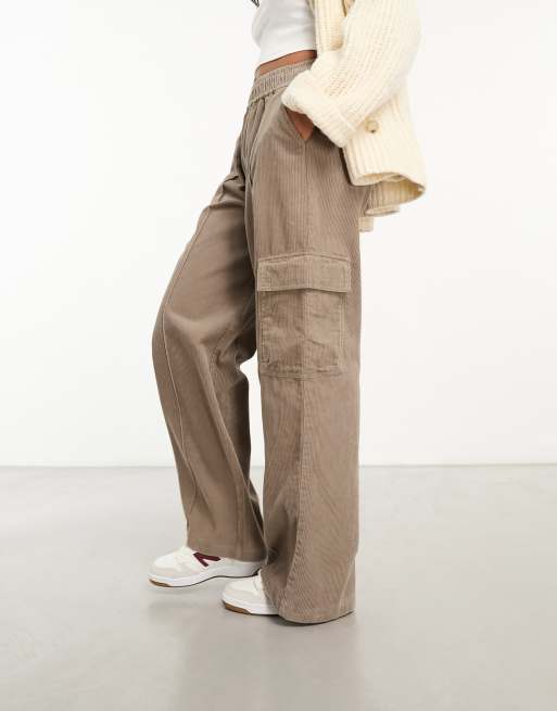 ASOS DESIGN - Pantalon large à enfiler en velours côtelé avec poches  plaquées - Taupe