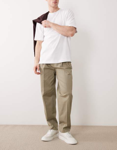 ASOS DESIGN - Pantalon chino fuselé oversize habillé en coton majoritaire avec plis devant - Kaki - view 1