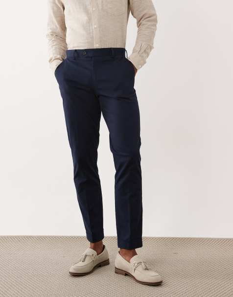 ASOS DESIGN - Pantalon chino habillé coupe slim en coton majoritaire à ourlets à revers - Bleu marine - view 1