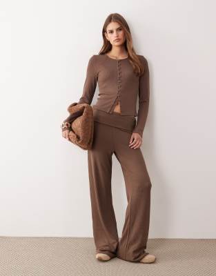 Pantalon côtelé à taille rabattue avec détail froncé - Chocolat-Brown M