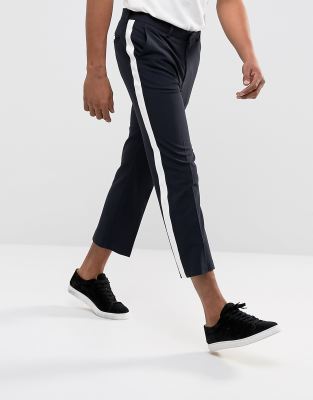 Asos Design Pantalon Court Droit Habille Avec Bande Blanche Sur Le Cote Bleu Marine Asos