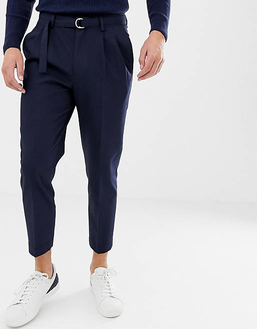 ASOS DESIGN - Pantalon court habillé fuselé avec ceinture obi à nouer - Bleu marine