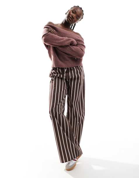 ASOS DESIGN - Pantalon dad coupe large en popeline à rayures - Chocolat - view 1