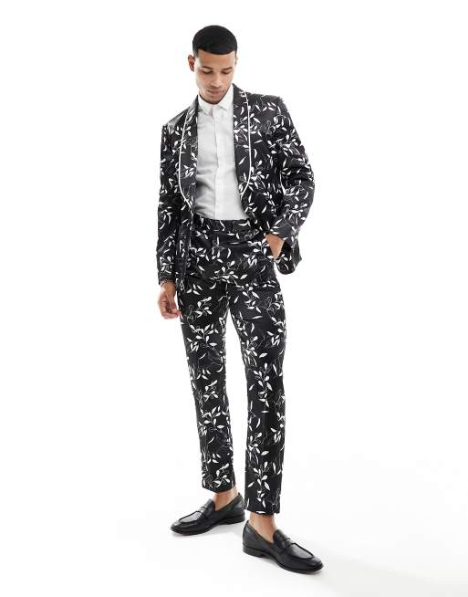 ASOS DESIGN - Pantalon de costume ajusté à imprimé floral - Noir