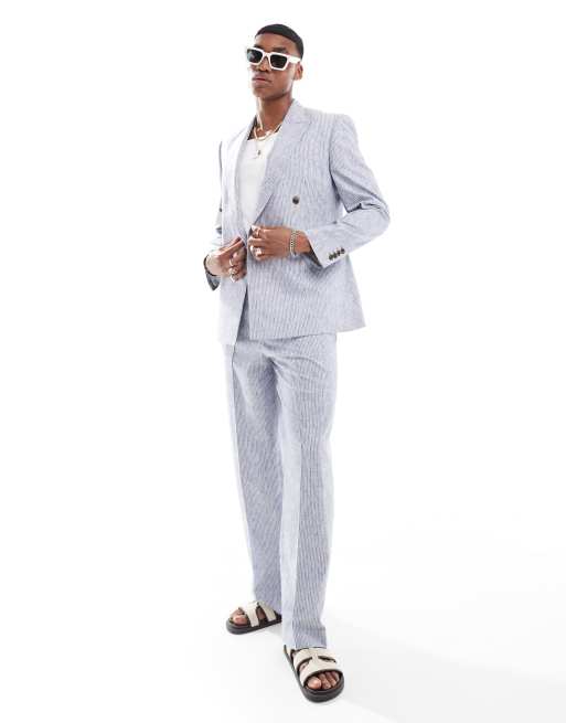ASOS DESIGN - Pantalon de costume ample en lin rayé - Bleu