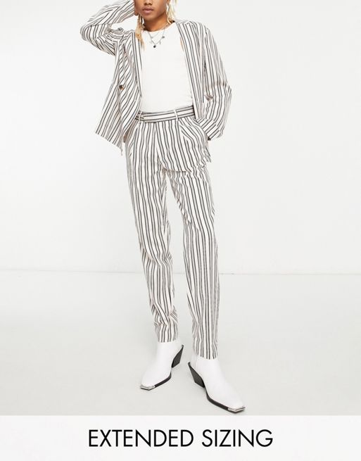 DESIGN - Pantalon de costume coupe fuselée oversize à rayures - Blanc cassé et bleu marine