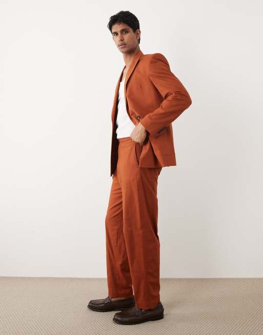ASOS DESIGN - Pantalon de costume fuselé oversize à taille élastique en coton aspect lin - Orange brûlé