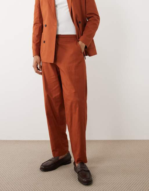 ASOS DESIGN - Pantalon de costume fuselé oversize à taille élastique en coton aspect lin - Orange brûlé, 3 de 5