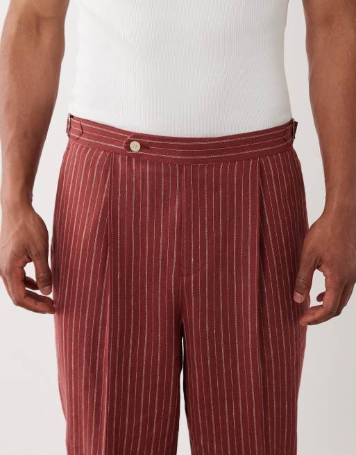 ASOS DESIGN - Pantalon de costume fuselé oversize en lin majoritaire à rayures - Terracotta, 4 de 5